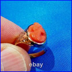 Antique Deco Mediterranean Coral Ring Victorian Hand Engraved 10k Solid Gold