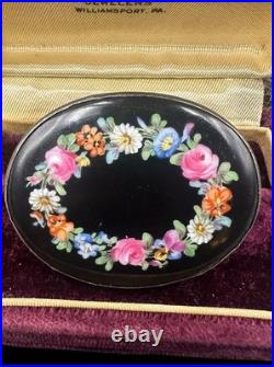Antique Dresden Franziska Hirsch Sterling Brooch Hand Painted Floral Plaque