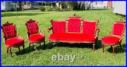 Antique EASTLAKE Victorian Red Sofa & 3 Chairs Hand Carved Walnut Facial Design