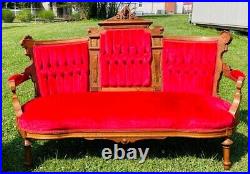 Antique EASTLAKE Victorian Red Sofa & 3 Chairs Hand Carved Walnut Facial Design