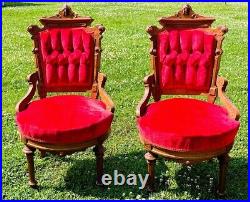 Antique EASTLAKE Victorian Red Sofa & 3 Chairs Hand Carved Walnut Facial Design