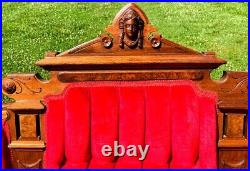 Antique EASTLAKE Victorian Red Sofa & 3 Chairs Hand Carved Walnut Facial Design