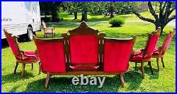 Antique EASTLAKE Victorian Red Sofa & 3 Chairs Hand Carved Walnut Facial Design