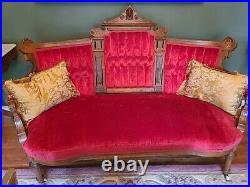 Antique EASTLAKE Victorian Red Sofa & 3 Chairs Hand Carved Walnut Facial Design