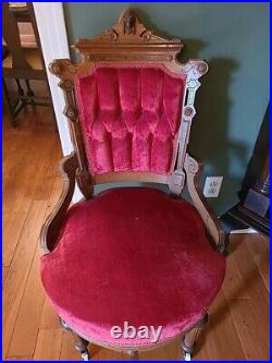 Antique EASTLAKE Victorian Red Sofa & 3 Chairs Hand Carved Walnut Facial Design