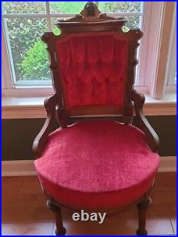 Antique EASTLAKE Victorian Red Sofa & 3 Chairs Hand Carved Walnut Facial Design