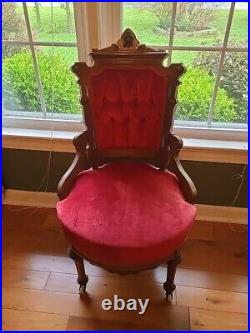 Antique EASTLAKE Victorian Red Sofa & 3 Chairs Hand Carved Walnut Facial Design