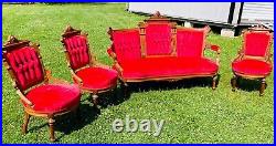 Antique EASTLAKE Victorian Red Sofa & 3 Chairs Hand Carved Walnut Facial Design