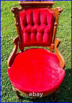 Antique EASTLAKE Victorian Red Sofa & 3 Chairs Hand Carved Walnut Facial Design