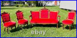 Antique EASTLAKE Victorian Red Sofa & 3 Chairs Hand Carved Walnut Facial Design