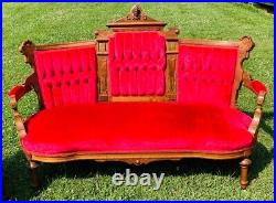 Antique EASTLAKE Victorian Red Sofa & 3 Chairs Hand Carved Walnut Facial Design