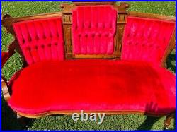 Antique EASTLAKE Victorian Red Sofa & 3 Chairs Hand Carved Walnut Facial Design