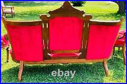 Antique EASTLAKE Victorian Red Sofa & 3 Chairs Hand Carved Walnut Facial Design