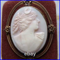 Antique Early Victorian Hand-carved Pink Coral Goddess Artemis Cameo Pendant