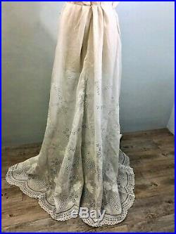 Antique Edwardian Hand Embroidered White Batiste Lace Lingerie Train Slip Skirt