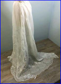 Antique Edwardian Hand Embroidered White Batiste Lace Lingerie Train Slip Skirt