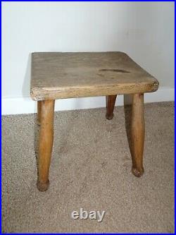 Antique Elm Wood Milking Stool on Four Hand-Turned Legs with Rectangular Seat