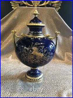 Antique English Coalport Hand Painted Prussian Blue Porcelain Urn Gilt Details