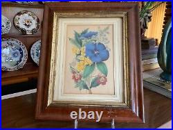 Antique English Victorian Hand Colored Engraving of Flowers C1850 Original Frame
