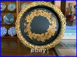 Antique English Victorian Hand Painted Gold & Black Tole Tray Tolework Toleware