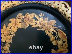 Antique English Victorian Hand Painted Gold & Black Tole Tray Tolework Toleware