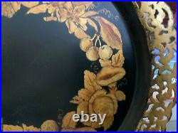 Antique English Victorian Hand Painted Gold & Black Tole Tray Tolework Toleware