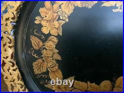 Antique English Victorian Hand Painted Gold & Black Tole Tray Tolework Toleware