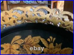Antique English Victorian Hand Painted Gold & Black Tole Tray Tolework Toleware