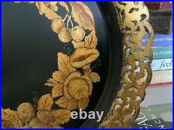 Antique English Victorian Hand Painted Gold & Black Tole Tray Tolework Toleware