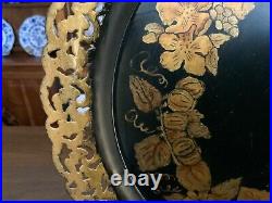 Antique English Victorian Hand Painted Gold & Black Tole Tray Tolework Toleware