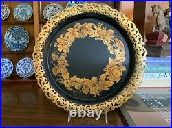 Antique English Victorian Hand Painted Gold & Black Tole Tray Tolework Toleware