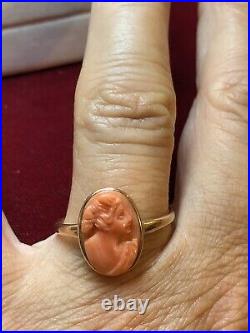 Antique Estate 10k Gold Natural Coral Ring Hand Carved Victorian Solman Cameo