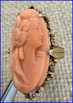 Antique Estate Victorian Hand Carved Coral Cameo Ring 14k Yellow Gold Size 5