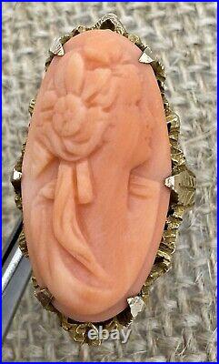 Antique Estate Victorian Hand Carved Coral Cameo Ring 14k Yellow Gold Size 5