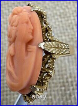 Antique Estate Victorian Hand Carved Coral Cameo Ring 14k Yellow Gold Size 5