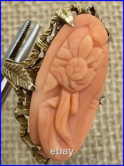 Antique Estate Victorian Hand Carved Coral Cameo Ring 14k Yellow Gold Size 5
