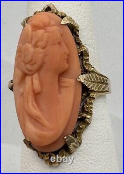 Antique Estate Victorian Hand Carved Coral Cameo Ring 14k Yellow Gold Size 5