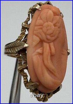 Antique Estate Victorian Hand Carved Coral Cameo Ring 14k Yellow Gold Size 5