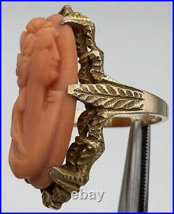 Antique Estate Victorian Hand Carved Coral Cameo Ring 14k Yellow Gold Size 5