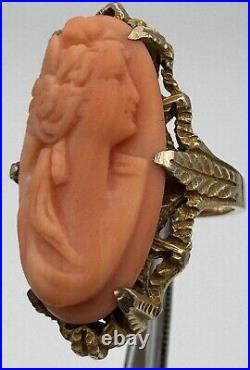 Antique Estate Victorian Hand Carved Coral Cameo Ring 14k Yellow Gold Size 5