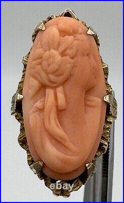 Antique Estate Victorian Hand Carved Coral Cameo Ring 14k Yellow Gold Size 5