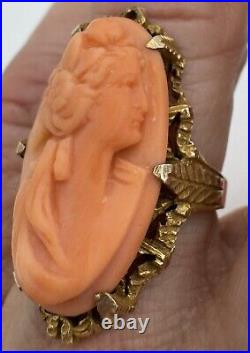 Antique Estate Victorian Hand Carved Coral Cameo Ring 14k Yellow Gold Size 5