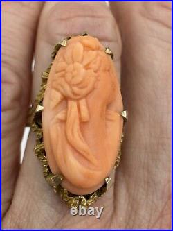 Antique Estate Victorian Hand Carved Coral Cameo Ring 14k Yellow Gold Size 5