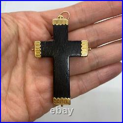 Antique Etruscan 18k yellow gold large black ebony wood cross pendant brooch