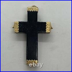 Antique Etruscan 18k yellow gold large black ebony wood cross pendant brooch