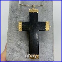 Antique Etruscan 18k yellow gold large black ebony wood cross pendant brooch