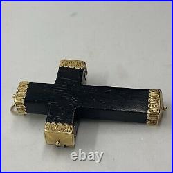 Antique Etruscan 18k yellow gold large black ebony wood cross pendant brooch