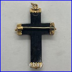 Antique Etruscan 18k yellow gold large black ebony wood cross pendant brooch