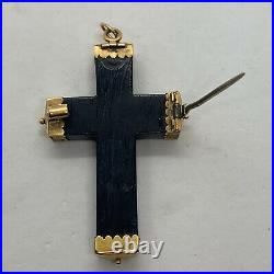 Antique Etruscan 18k yellow gold large black ebony wood cross pendant brooch