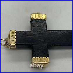 Antique Etruscan 18k yellow gold large black ebony wood cross pendant brooch